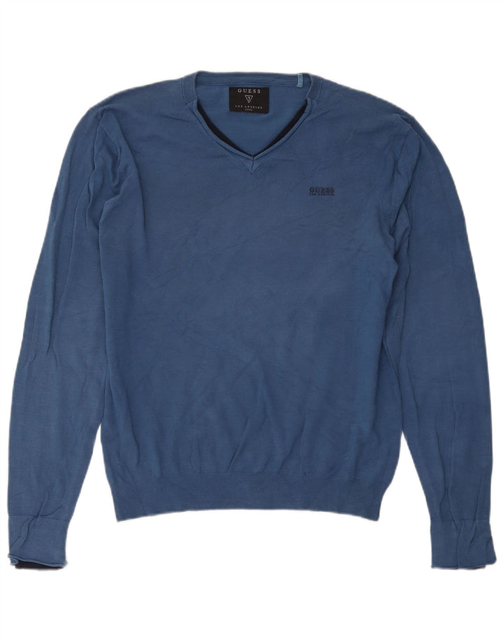 Suéter masculino Guess com decote em V grande algodão azul