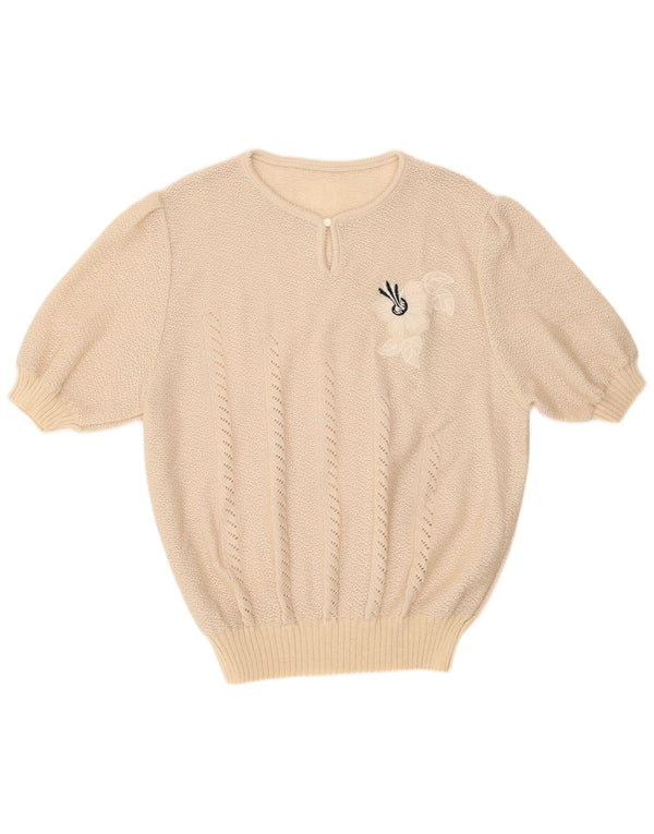 Suéter feminino vintage de manga curta com gola redonda Reino Unido 16 grande bege