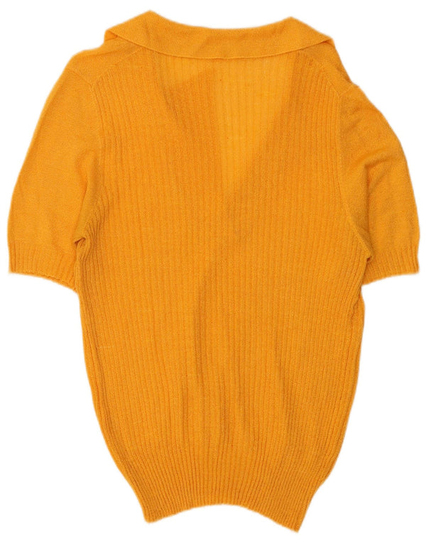 Suéter feminino vintage de manga curta com gola polo Reino Unido 10 pequeno amarelo