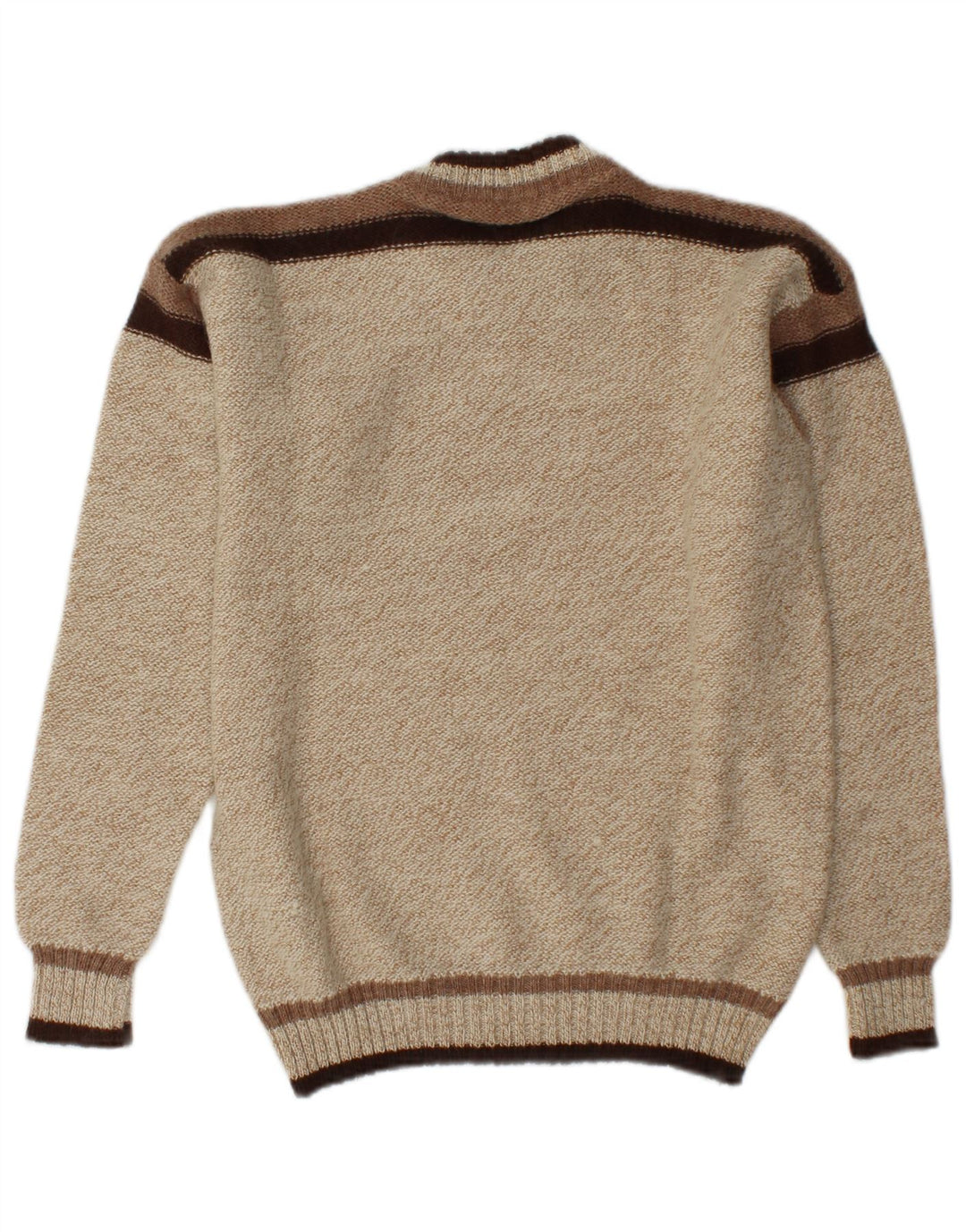 Suéter vintage masculino com gola redonda, bloco colorido bege médio e acrílico