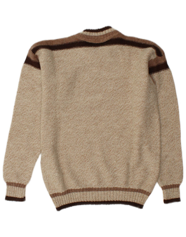 Suéter vintage masculino com gola redonda, bloco colorido bege médio e acrílico