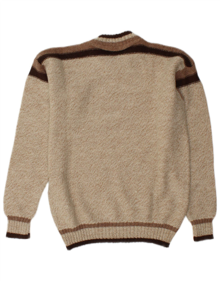 Suéter vintage masculino com gola redonda, bloco colorido bege médio e acrílico