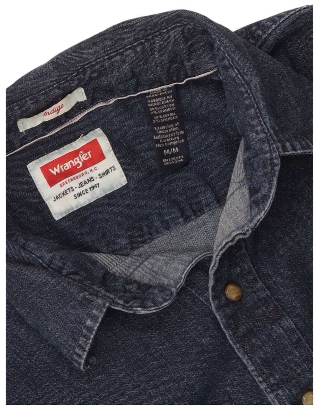 Camisa masculina Wrangler Indigo Denim médio azul marinho algodão