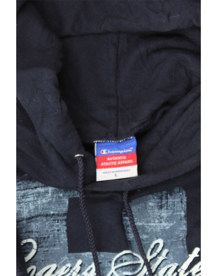 CHAMPION Mens Graphic Hoodie Jumper Large Navy Blue Cotton Vintage Champion and Second-Hand Champion from Messina Hembry 