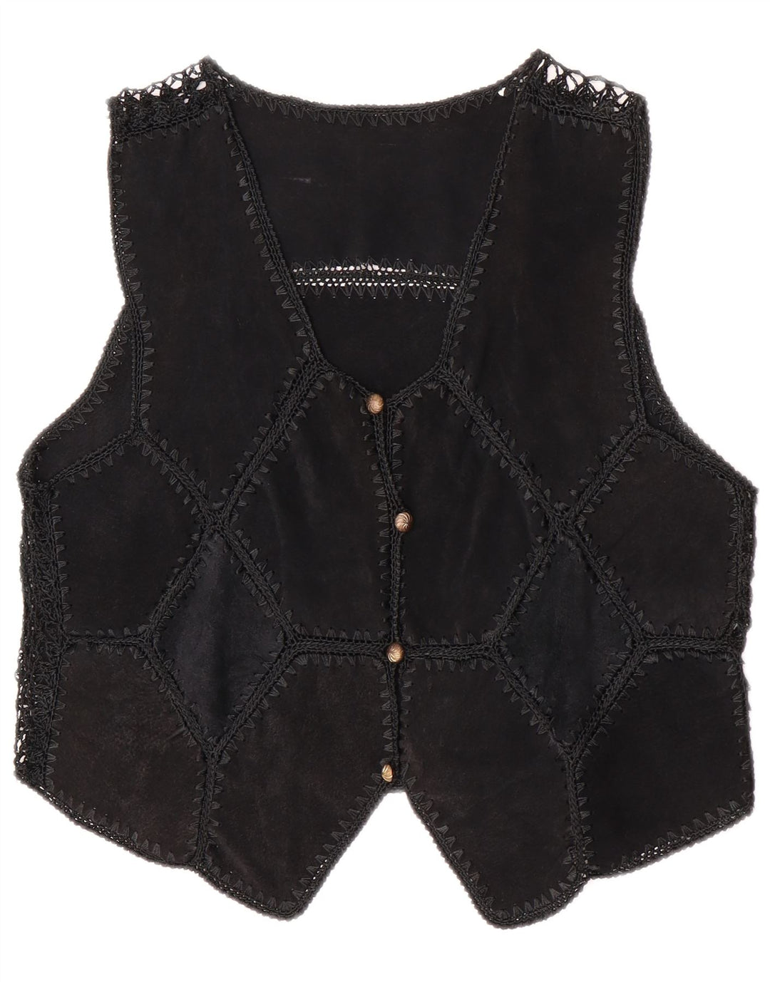 Colete feminino vintage de camurça UK 14 patchwork preto médio
