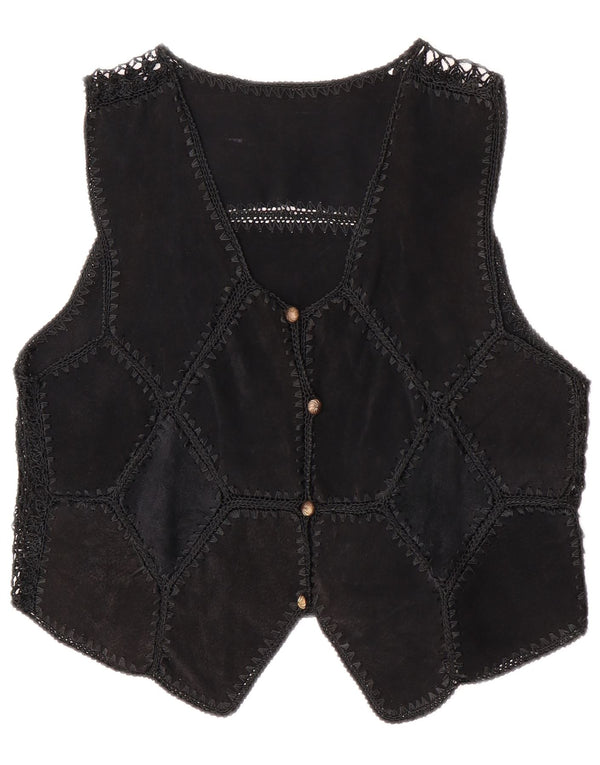 Colete feminino vintage de camurça UK 14 patchwork preto médio
