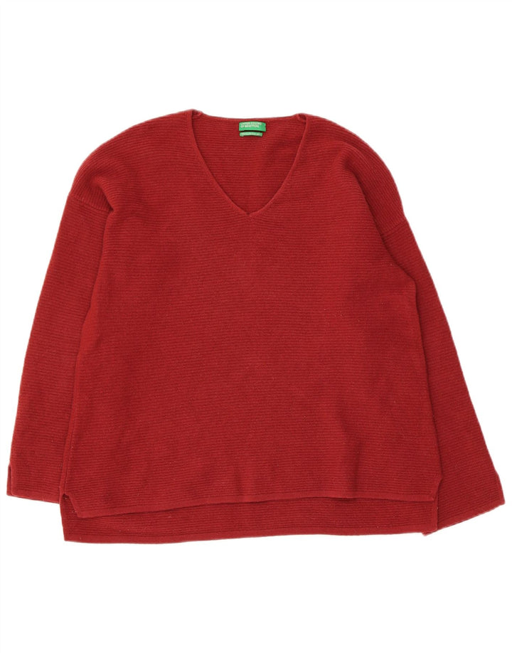 Suéter feminino Benetton com decote em V Reino Unido 10 lã virgem vermelha pequena
