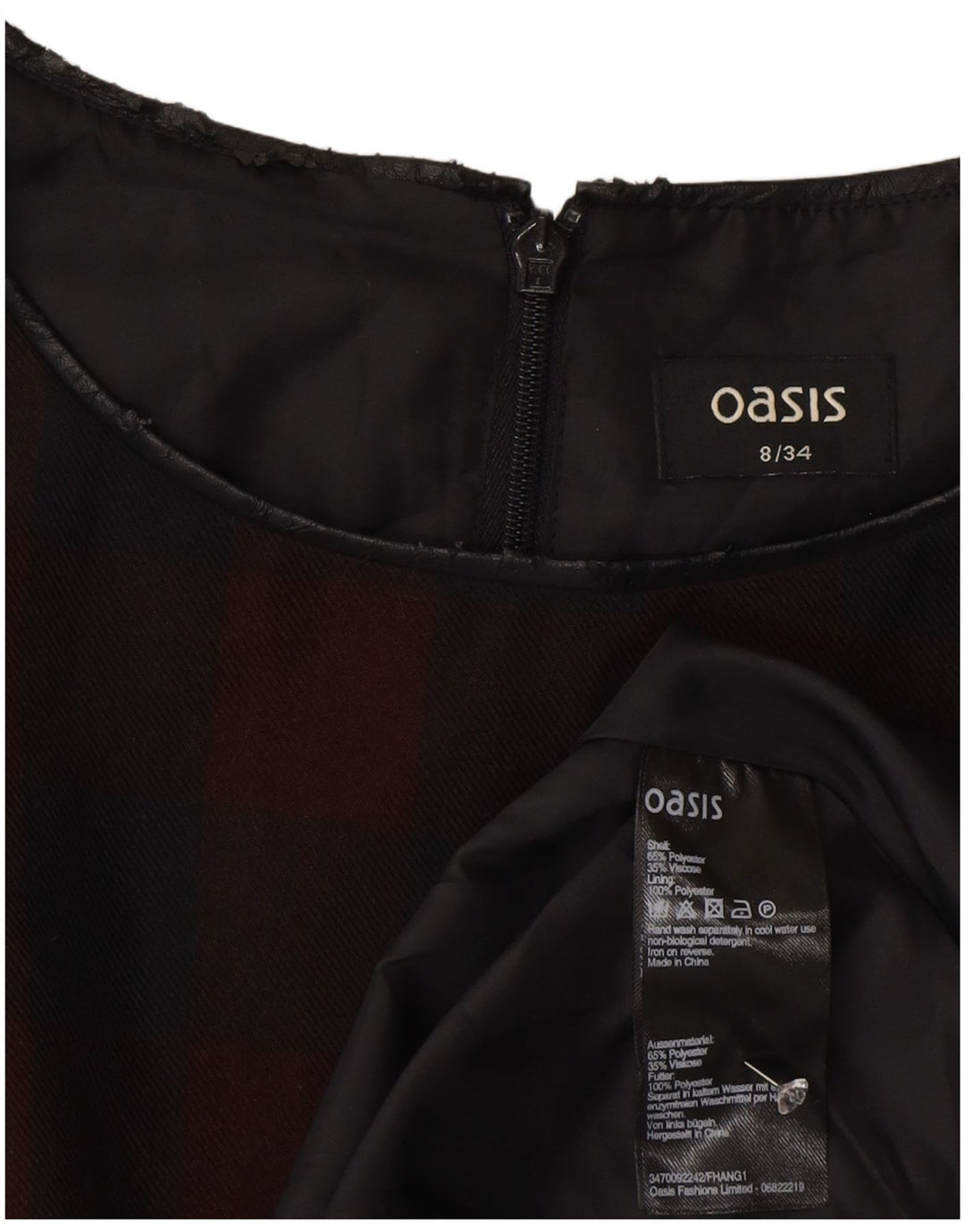 Vestido feminino Oasis sem mangas evasê UK 8 pequeno poliéster guingão cor de vinho