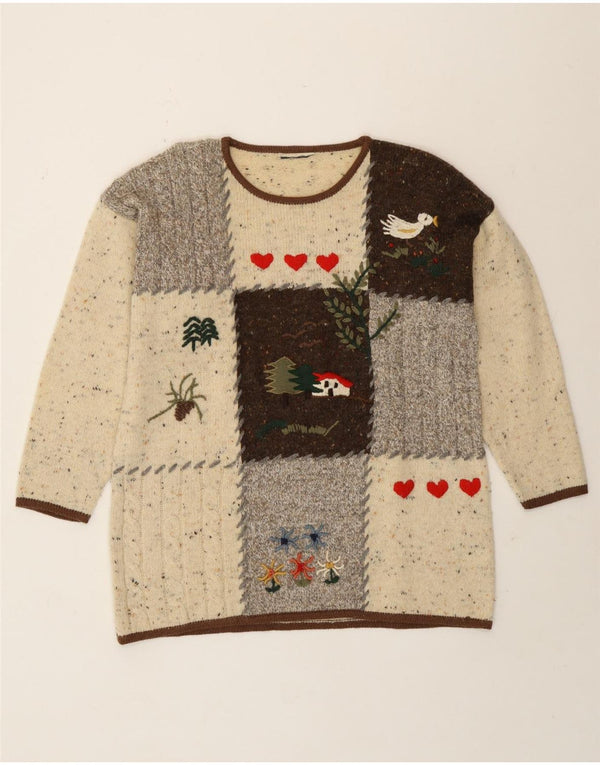 Suéter feminino vintage com gola redonda, uk 16, grande, bege, patchwork, novidade