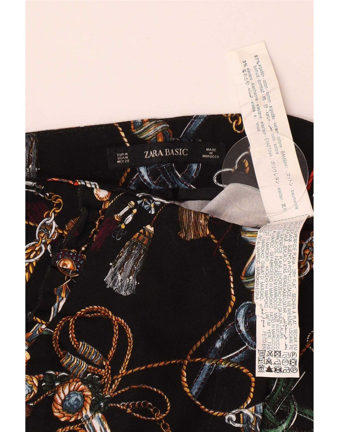 Zara Shorts feminino abstrato padrão casual médio W28 algodão preto