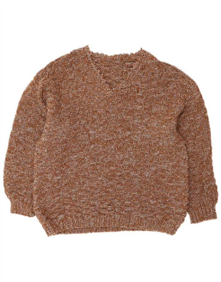 Suéter feminino VINTAGE com decote em V Reino Unido 16 grande marrom manchado