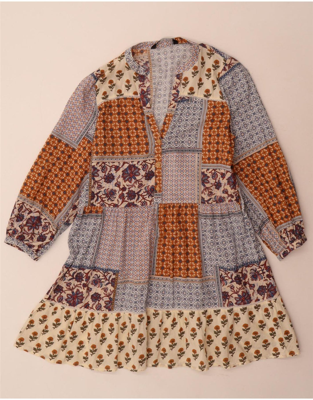 Vestido feminino Zara de manga comprida em camadas UK 10 pequenos retalhos multicoloridos