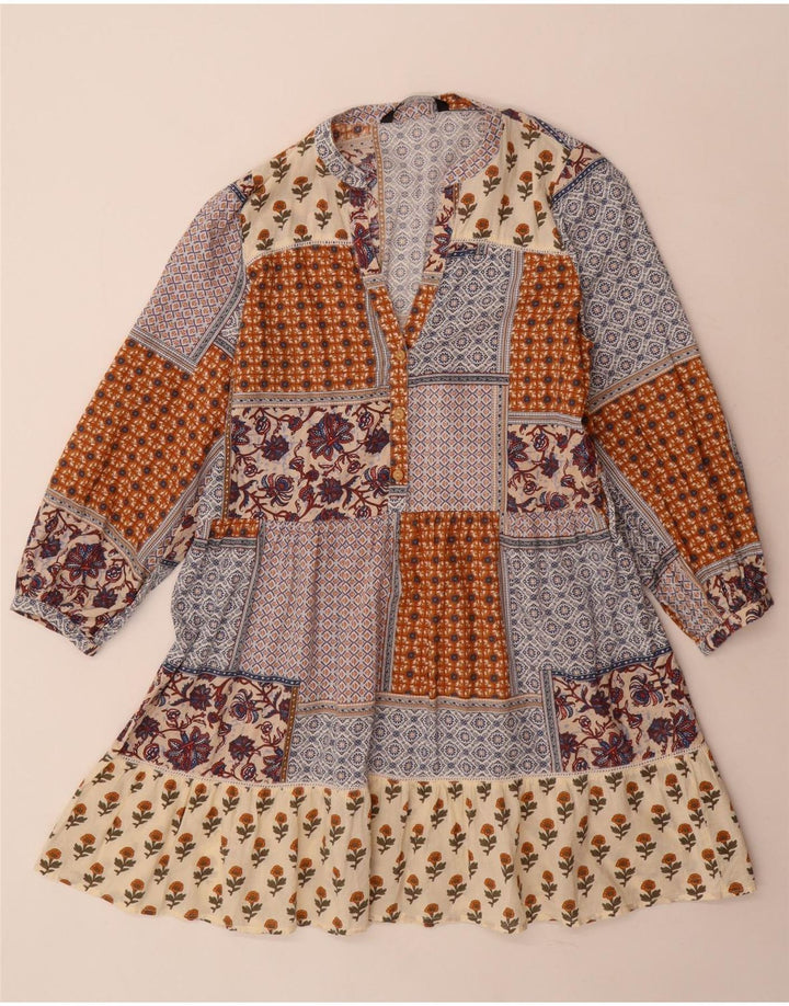 Vestido feminino Zara de manga comprida em camadas UK 10 pequenos retalhos multicoloridos