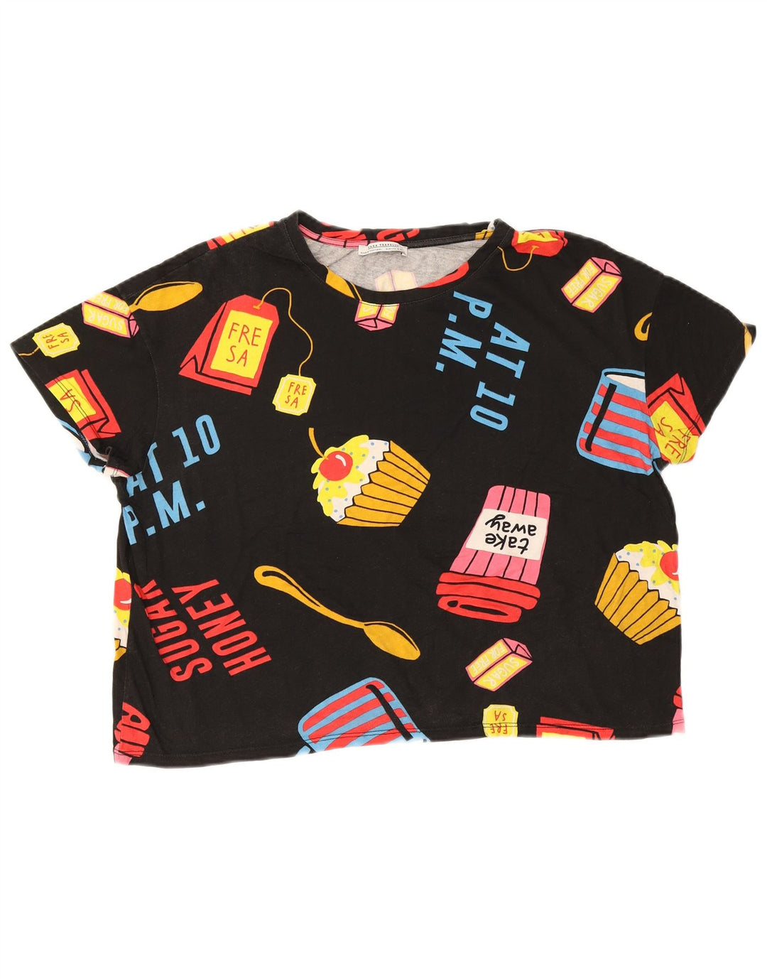 Zara Womens Crop Oversized Graphic T-Shirt Top Reino Unido 14 Médio Preto