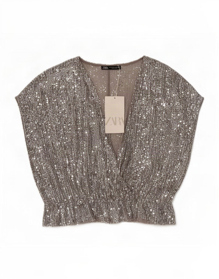 Blusa feminina Zara UK 12 poliéster prateado médio