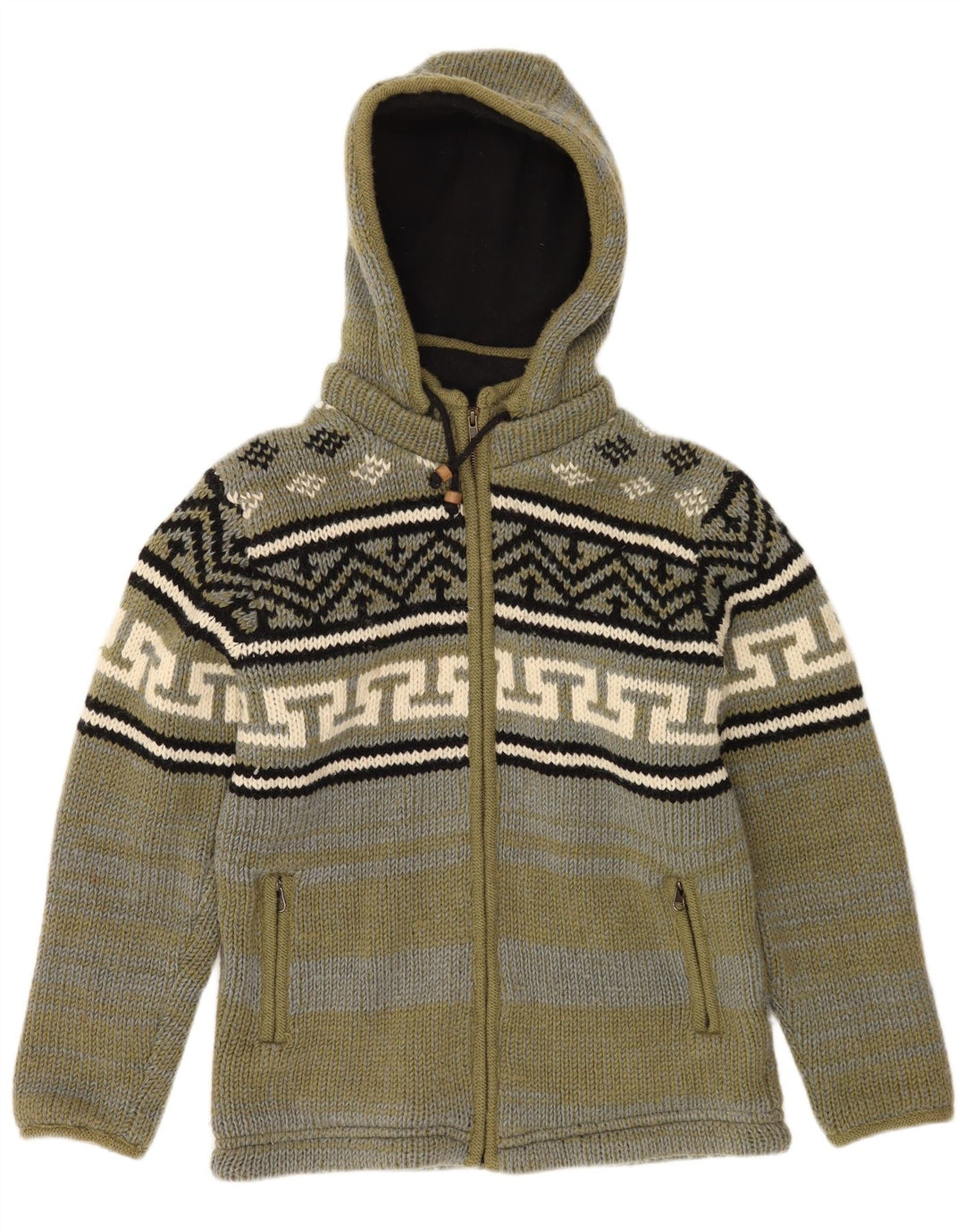 Suéter cardigã masculino VINTAGE com capuz médio cáqui lã Fair Isle