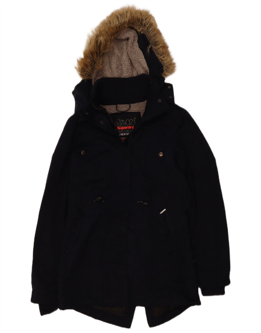 Jaqueta feminina Superdry Sherpa Parka com capuz Reino Unido 14 poliéster azul marinho médio