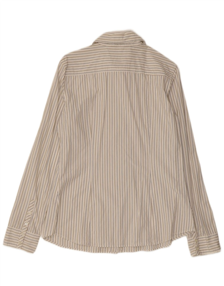 Camisa feminina Benetton UK 14 grande algodão listrado branco