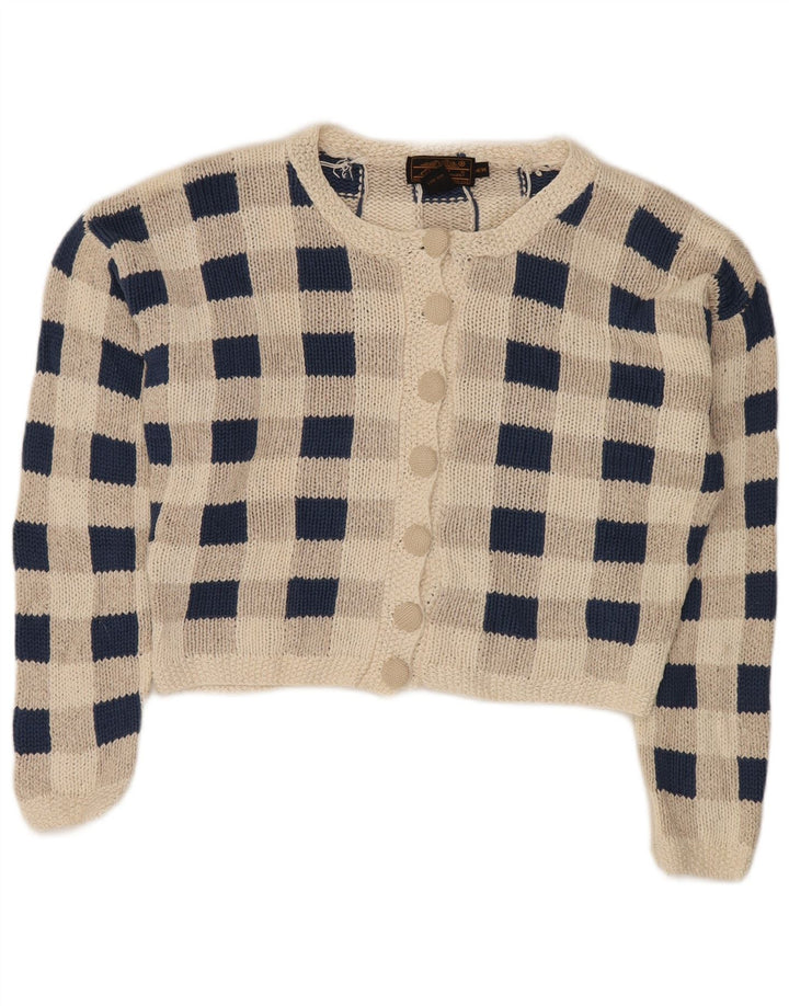 Suéter cardigan feminino Eddie Bauer Reino Unido 14 seda xadrez cinza médio