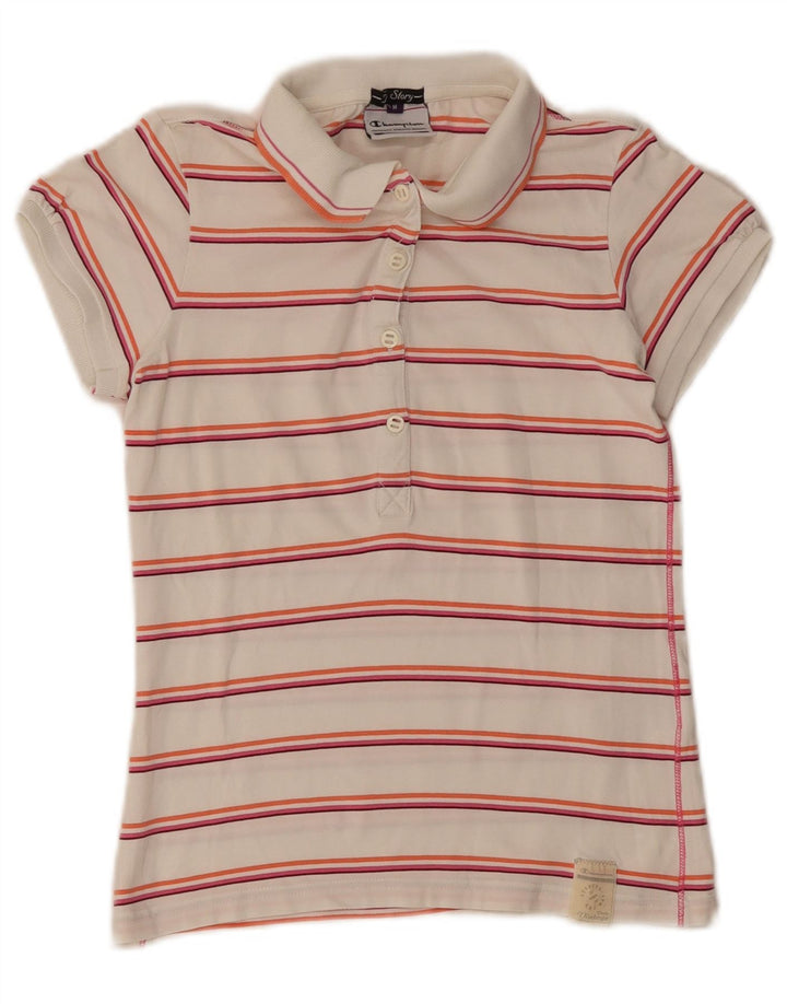 Camisa polo feminina Champion UK 12 algodão listrado branco médio