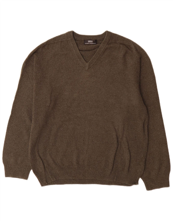 Suéter masculino Marks & Spencer com decote em V de lã de cordeiro verde médio