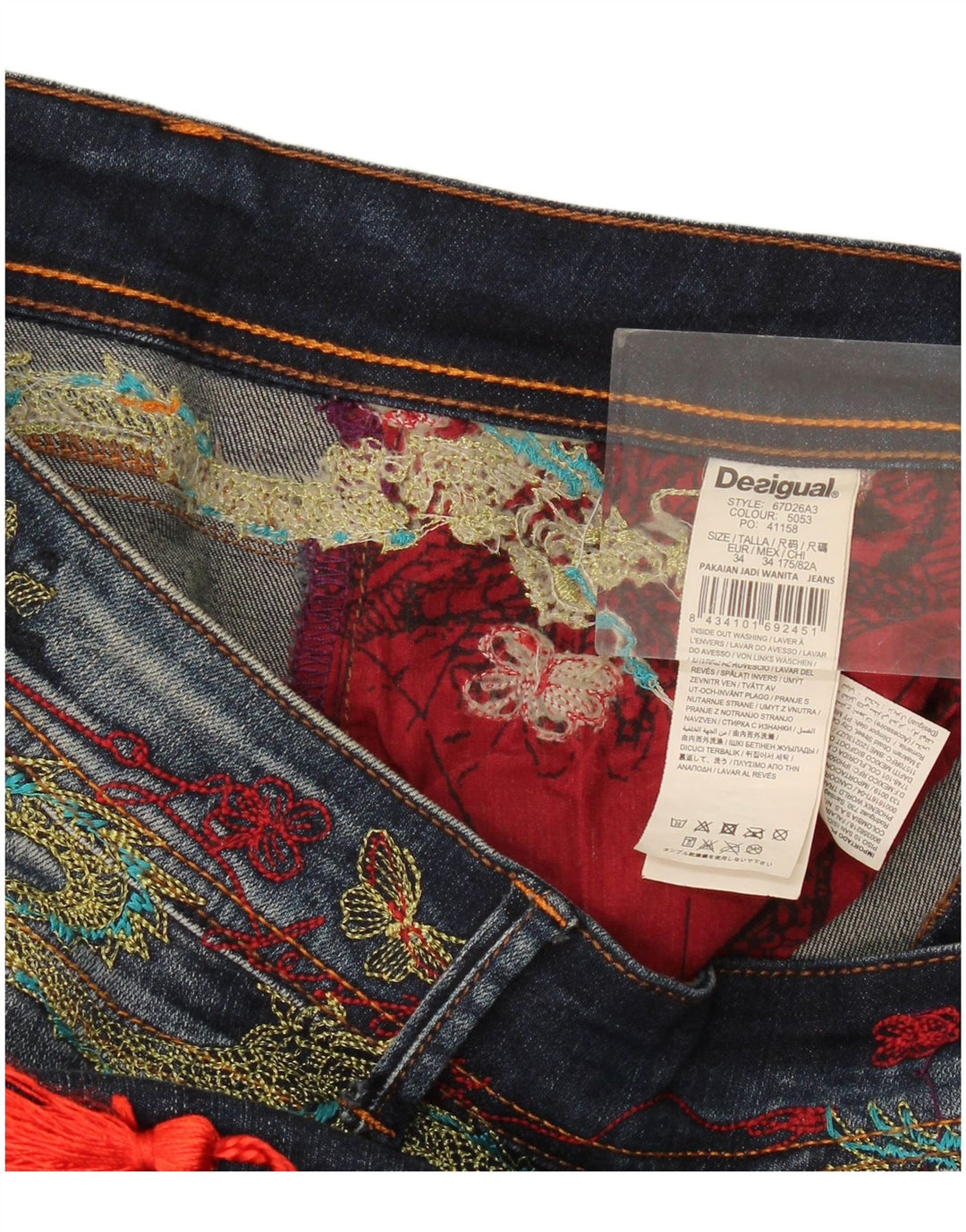 Desigual Jeans feminino gráfico slim W34 L29 azul marinho poliéster