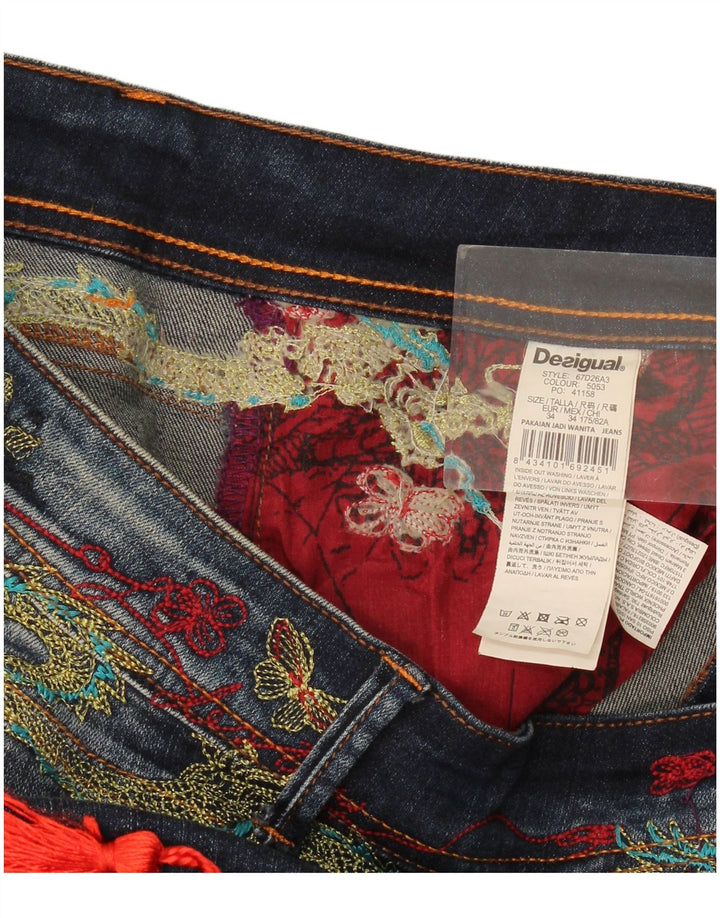 Desigual Jeans feminino gráfico slim W34 L29 azul marinho poliéster