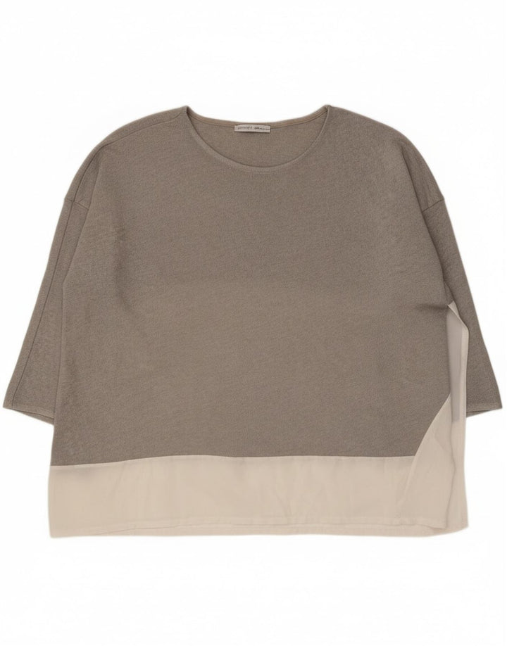 Zara Top feminino oversized manga 3/4 Reino Unido 14 bloco colorido cinza médio