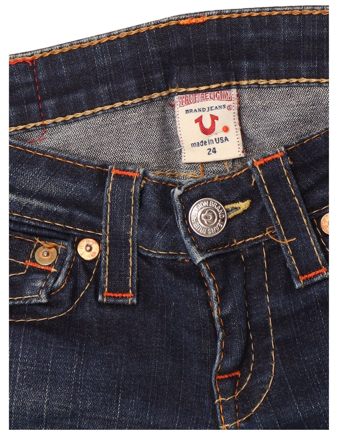 Jeans True Religion feminino slim bootcut W24 L33 algodão azul