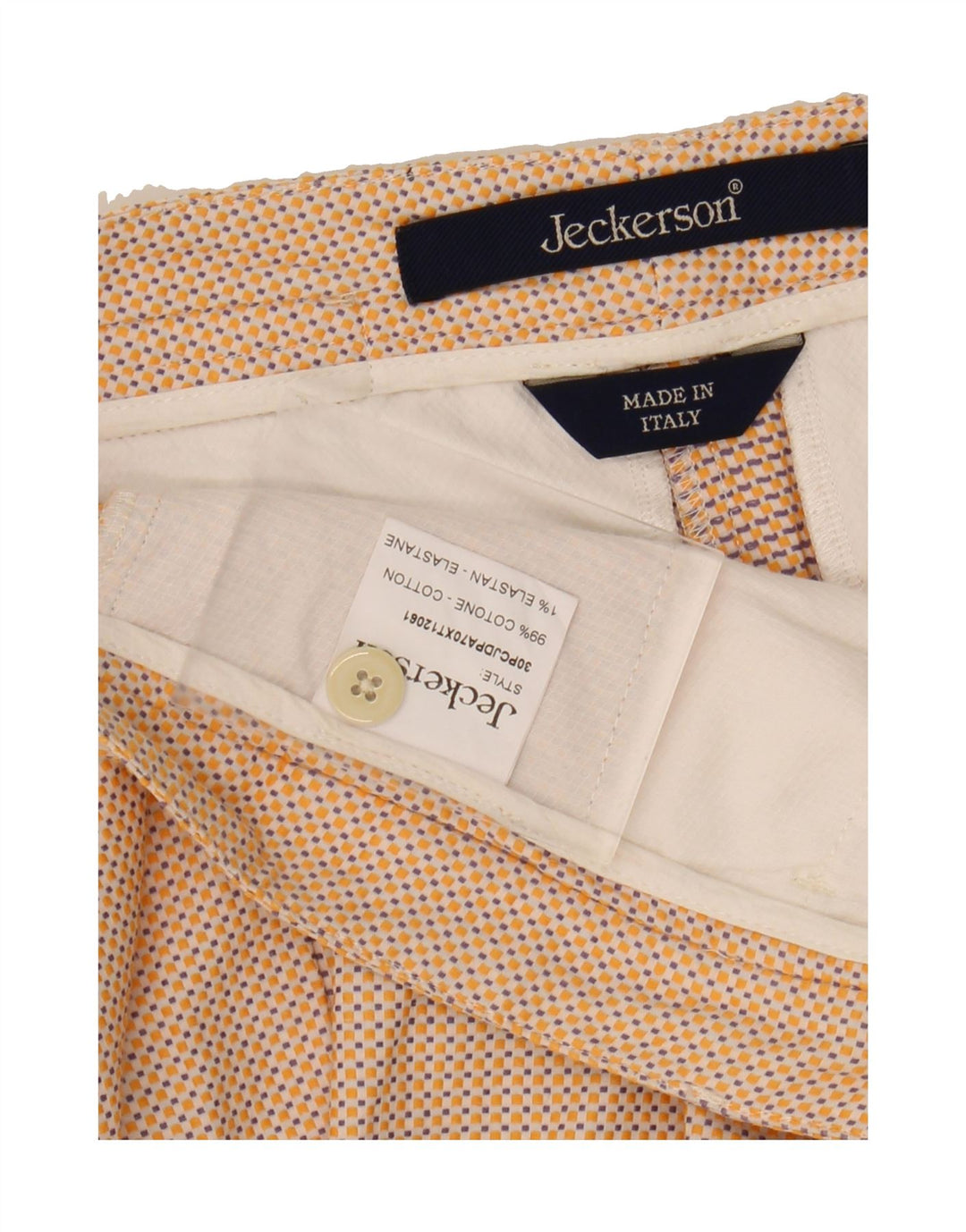 JECKERSON Womens Slim Chino Trousers W32 L28 Beige Geometric Cotton Vintage Jeckerson and Second-Hand Jeckerson from Messina Hembry 