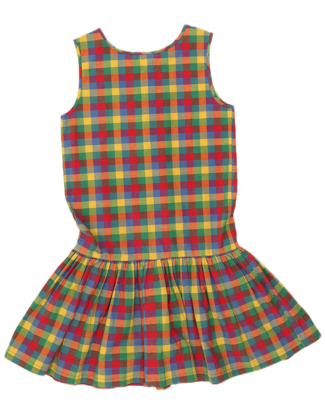 Vestido feminino Cacharel sem mangas evasê US 12 grande guingão multicolorido
