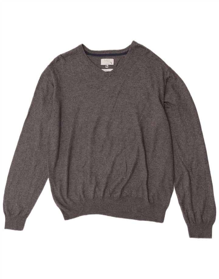 Suéter masculino Marks & Spencer com ajuste regular e decote em V XL algodão cinza