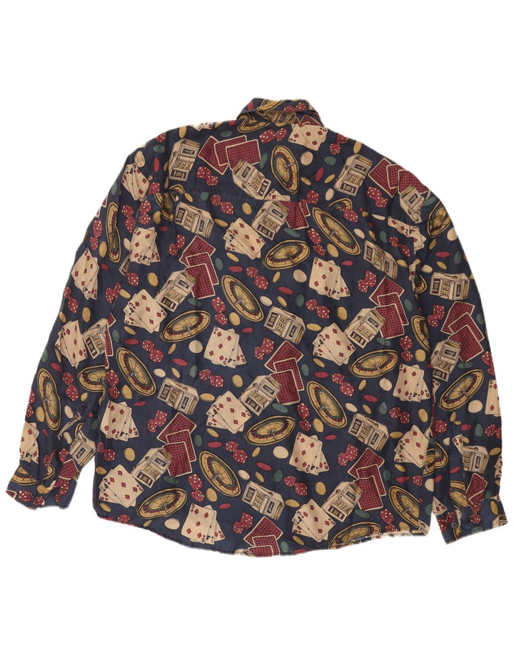 Camisa gráfica masculina vintage XL seda azul marinho