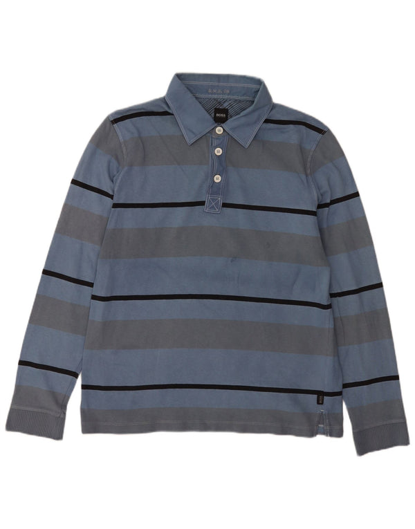 Camisa polo masculina de manga comprida Hugo Boss XL algodão listrado azul