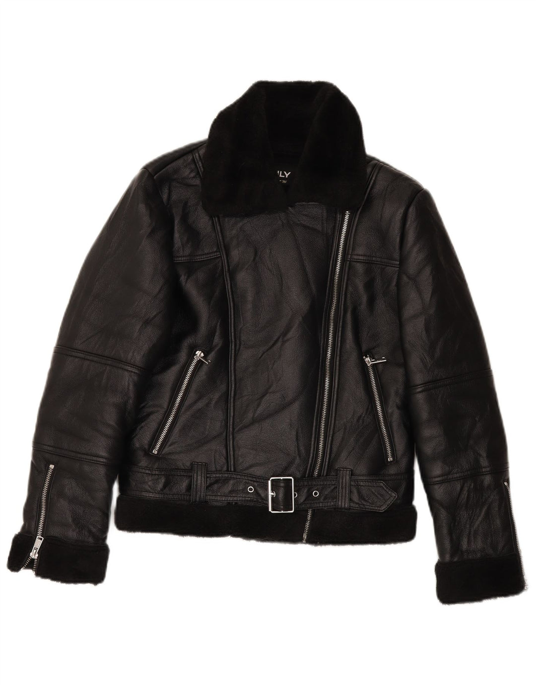 Jaqueta feminina VINTAGE Sherpa de couro sintético para motociclista Reino Unido 10 pequena preta