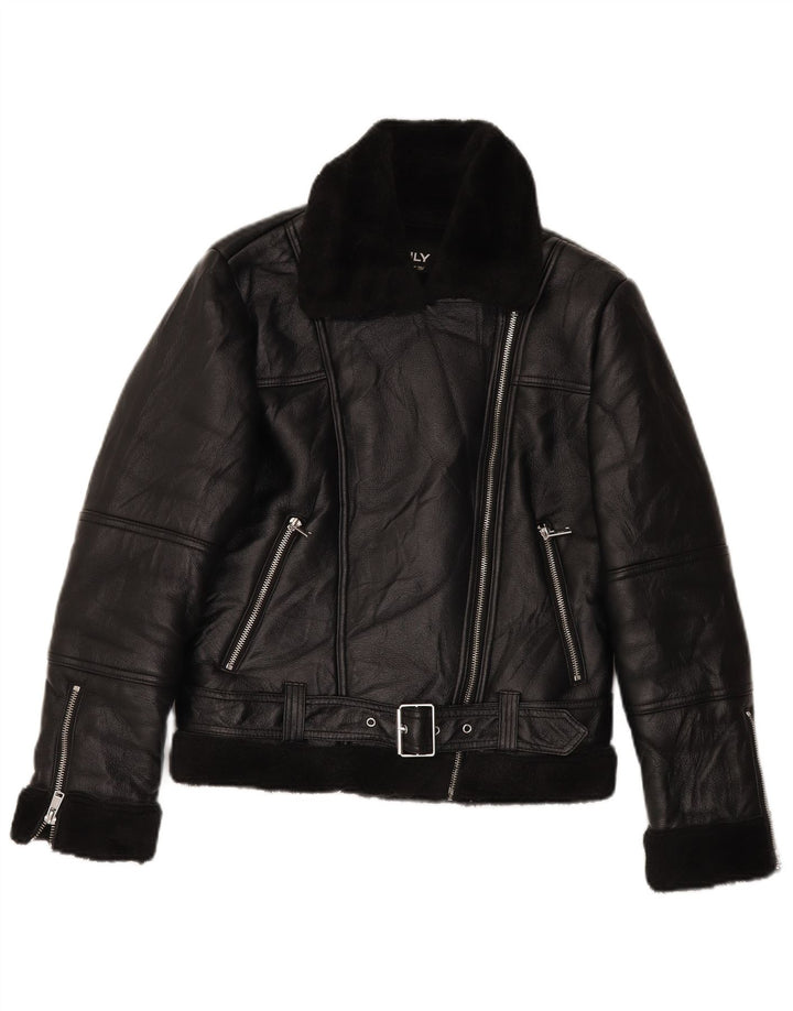 Jaqueta feminina VINTAGE Sherpa de couro sintético para motociclista Reino Unido 10 pequena preta