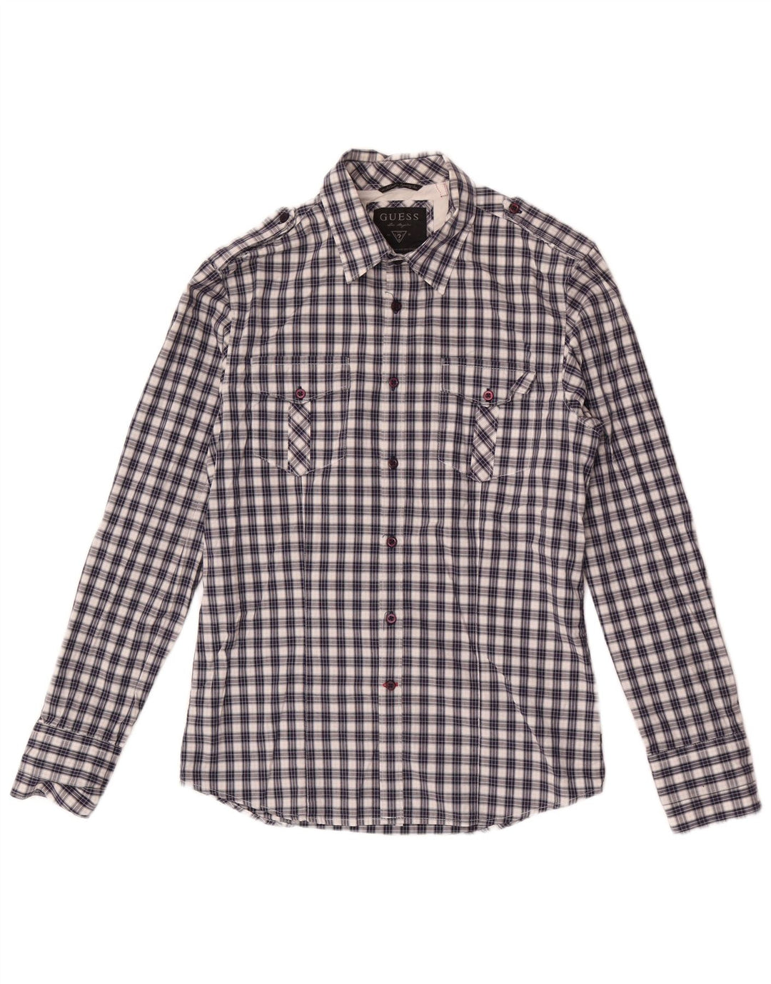 Camisa masculina Guess pequena xadrez azul de algodão
