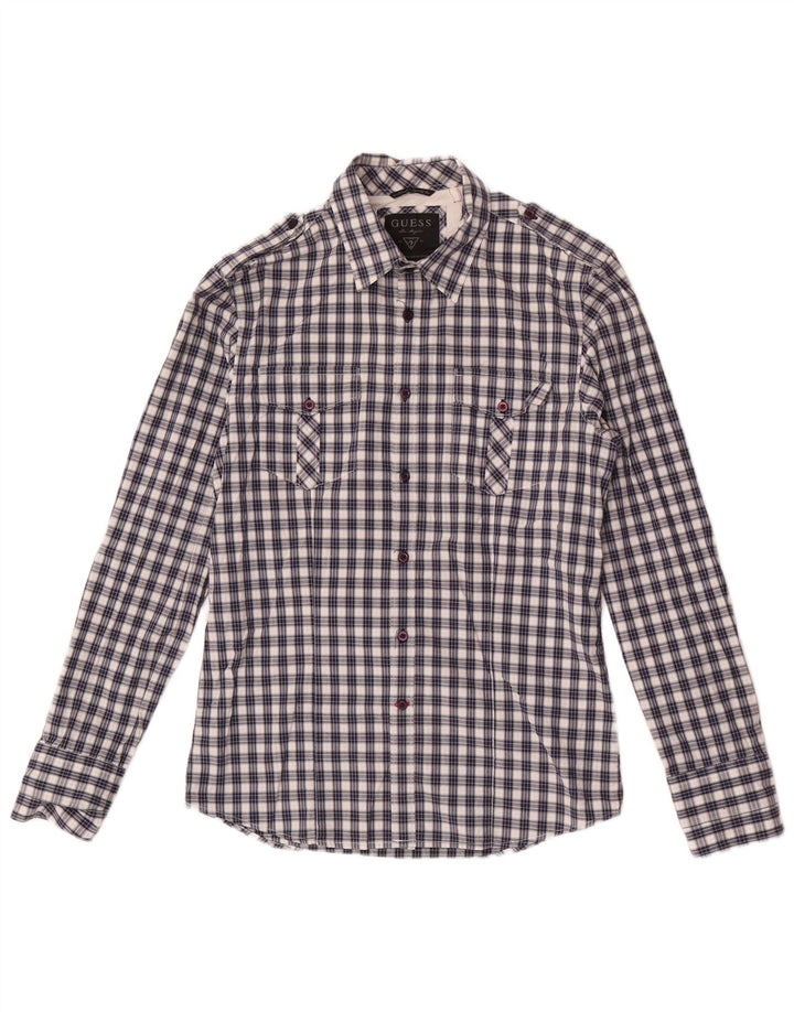 Camisa masculina Guess pequena xadrez azul de algodão