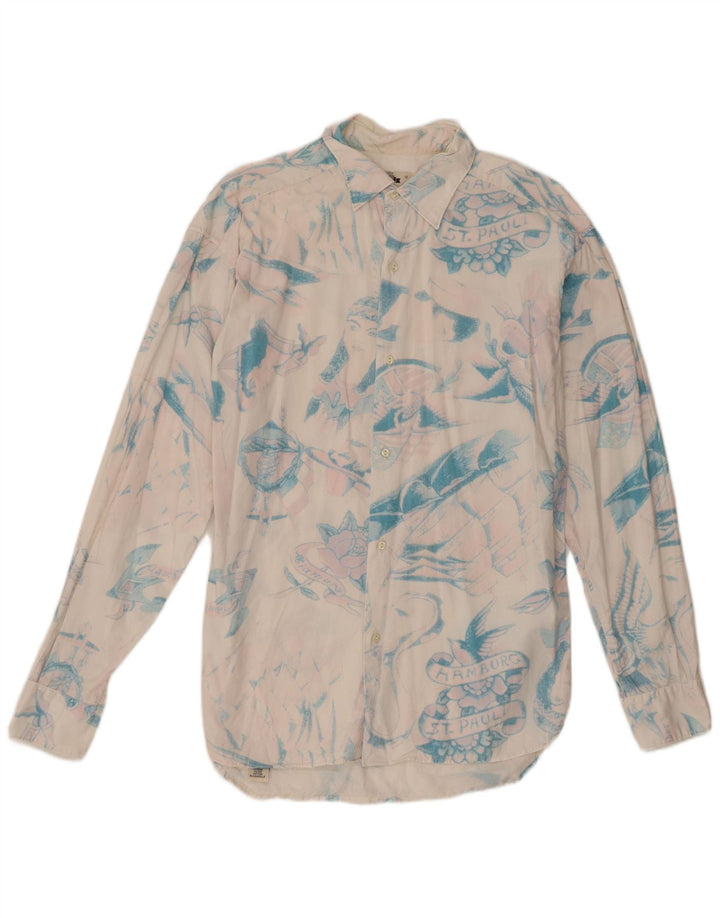 Camisa masculina Replay Abstract Padrão grande algodão branco