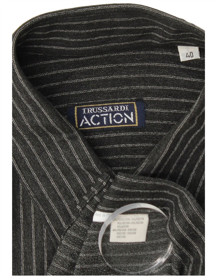 Camisa masculina Trussardi tamanho 40 poliéster listrado preto médio