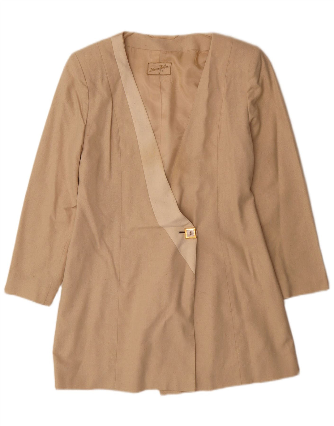 Jaqueta Blazer Feminina Vintage Longline 1 Botão Reino Unido 10 Pequena Seda Bege