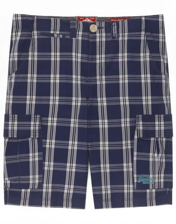Superdry Mens Cargo Shorts Large W34 Blue Plaid Cotton