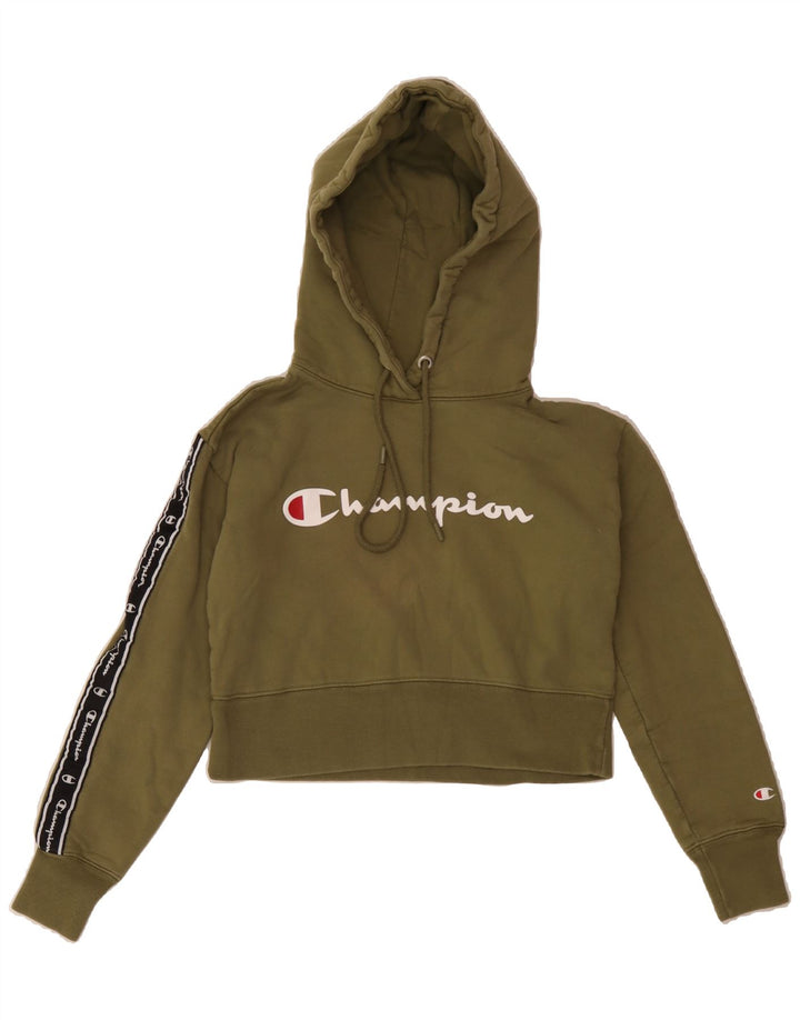 CHAMPION Womens Graphic Crop Hoodie Jumper UK 6 XS Khaki Cotton Vintage Champion and Second-Hand Champion from Messina Hembry 