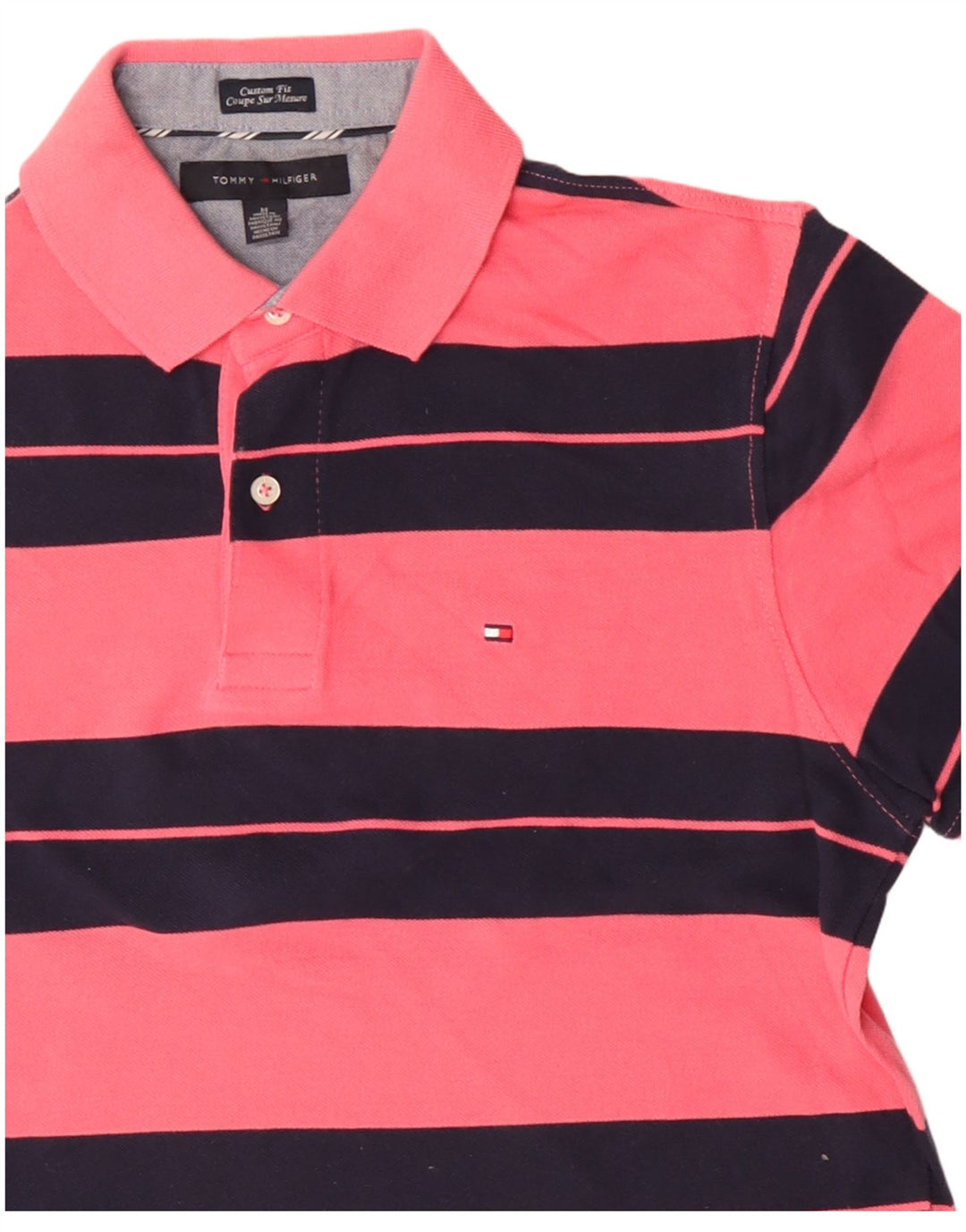 Camisa polo masculina Tommy Hilfiger Custom Fit de algodão listrado rosa médio