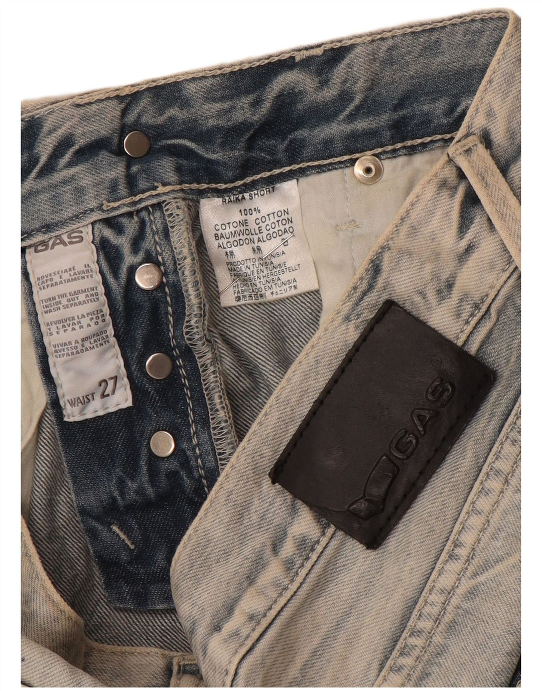 Shorts jeans feminino Gas W27 pequeno algodão azul