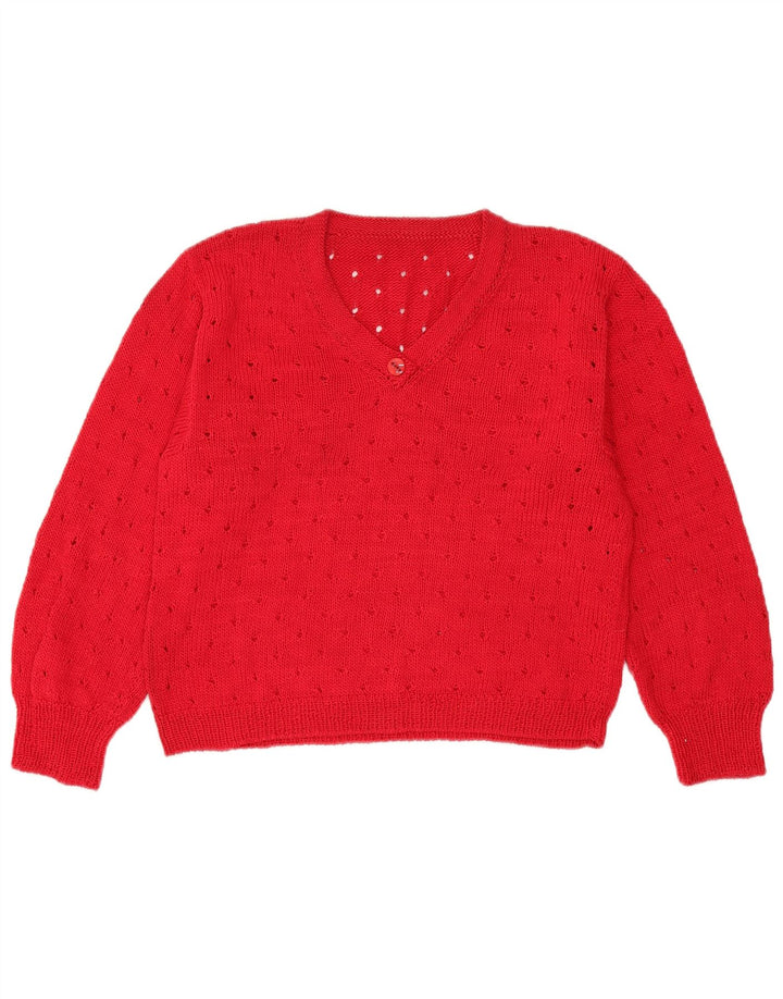 Suéter feminino vintage com decote em V UK 12 vermelho médio