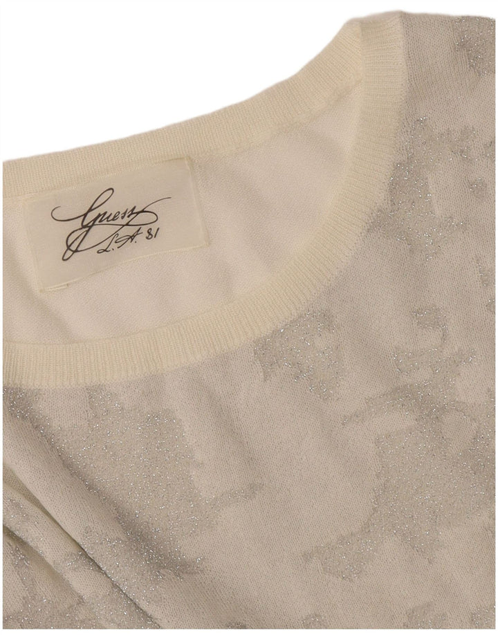 Suéter feminino Guess com gola canoa UK 14 médio branco camuflado