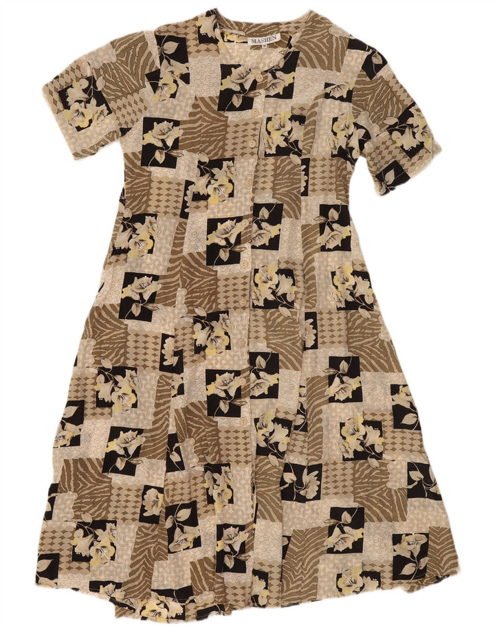 Vestido de chá feminino vintage Reino Unido 14 seda patchwork bege médio