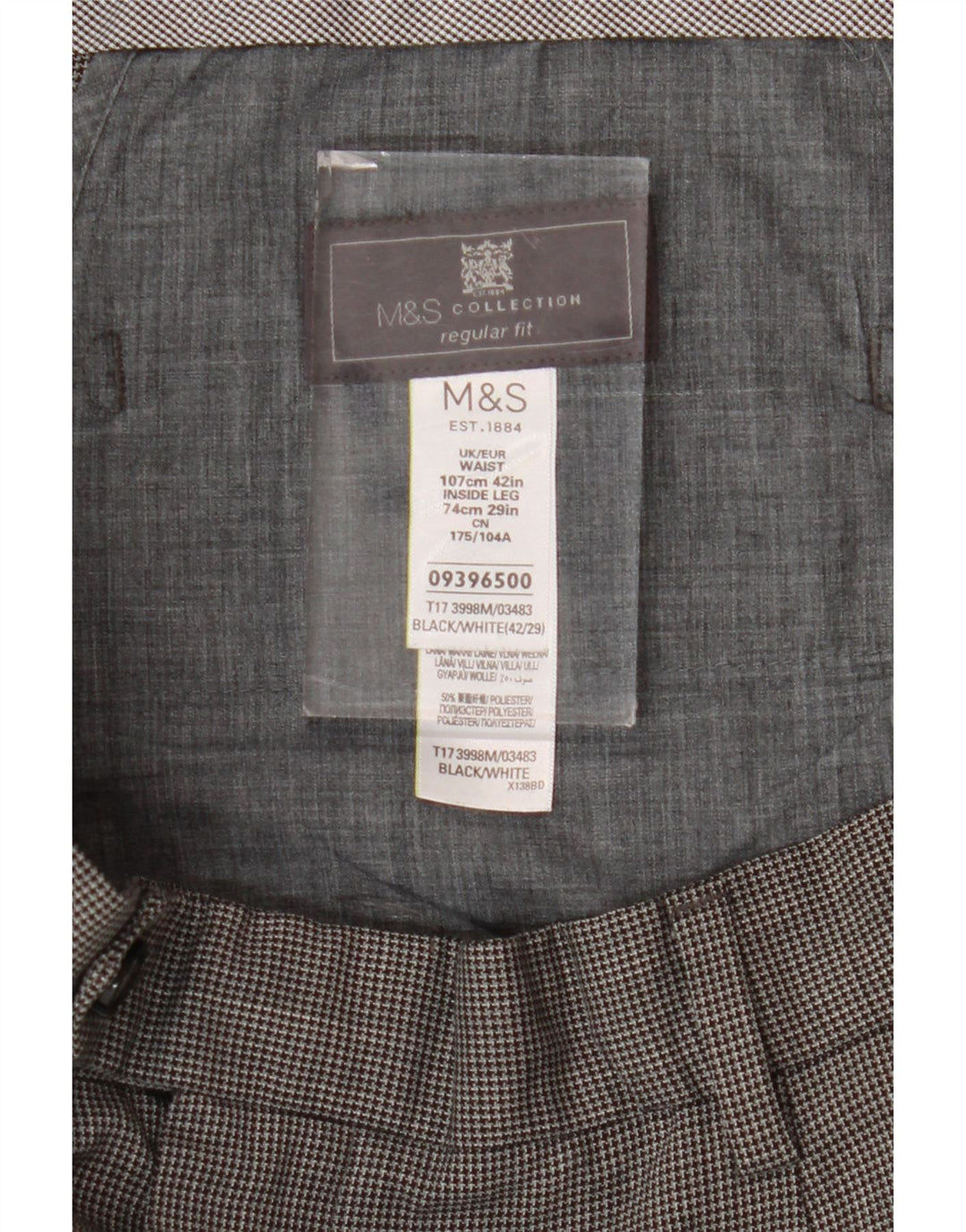 Calça masculina de ajuste regular Marks & Spencer W42 L29 preta Houndstooth