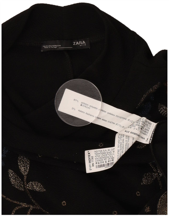 Vestido feminino Zara manga comprida, UK 14, médio, preto, floral, poliéster